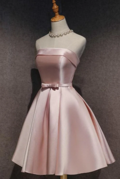 Cute Pink Satin Knee Length Short Prom Dress 