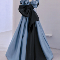 Off Shoulder Blue Satin Lace Long Prom Evening Dress - Thumbnail 1