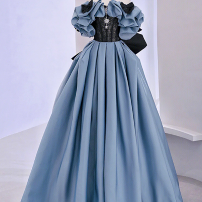 Off shoulder blue satin lace long prom evening dress