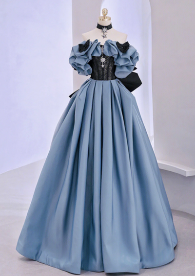 Off Shoulder Blue Satin Lace Long Prom Evening Dress