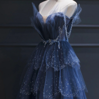 A-Line Blue Tulle Beaded Long Senior Prom Dresses - Thumbnail 1