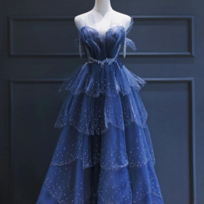 A-line blue tulle beaded long senior prom dresses - Thumbnail 1