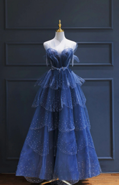 A-Line Blue Tulle Beaded Long Senior Prom Dresses
