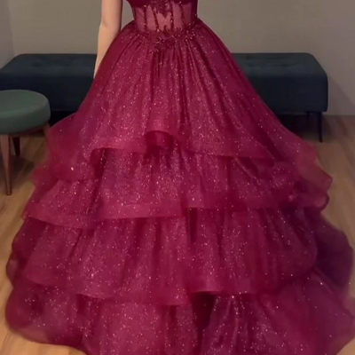 Ball gown tulle sparkly prom dress long evening gowns