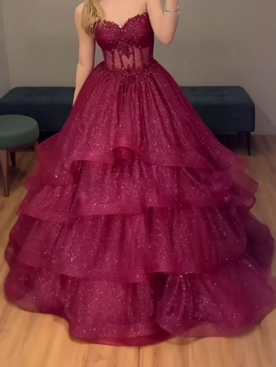 Ball Gown Tulle Sparkly Prom Dress Long Evening Gowns