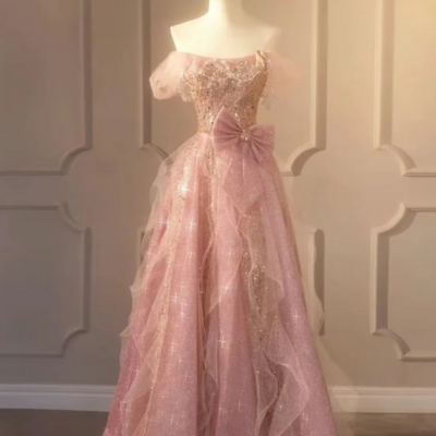 Off shoulder a line pink long glam prom dress - Thumbnail 1