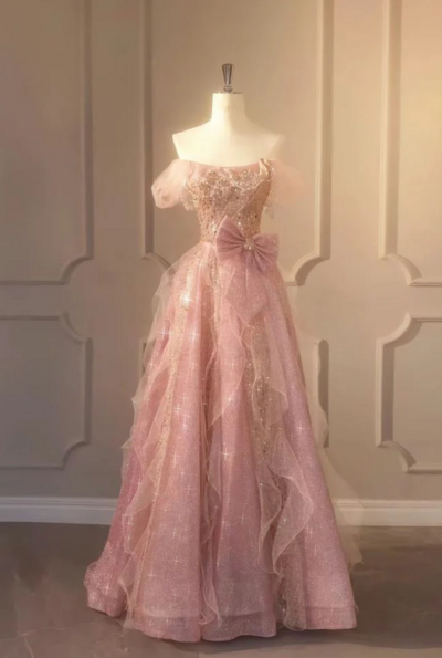 Off Shoulder A Line Pink Long Glam Prom Dress