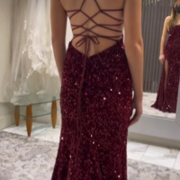 Spaghetti Straps Burgundy Sequin Backless Prom Dresses - Thumbnail 1
