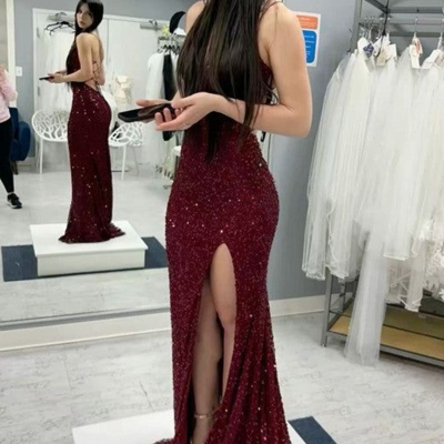 Spaghetti straps burgundy sequin backless prom dresses