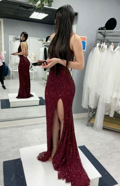 Spaghetti Straps Burgundy Sequin Backless Prom Dresses