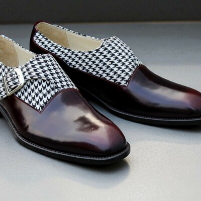 Crafted leather classic houndstooth fabric & patina monk strap dress shoes - Thumbnail 3