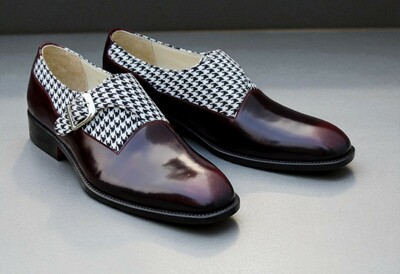 Crafted Leather Classic Houndstooth Fabric & Patina Monk Strap Dress Shoes