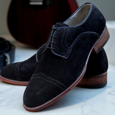Crafted leather handmade classic black suede leather oxford lace up dress shoes - Thumbnail 1