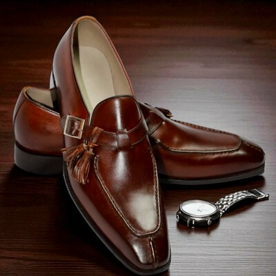 Crafted leather men classic brown patina leather split toe dress shoes - Thumbnail 1