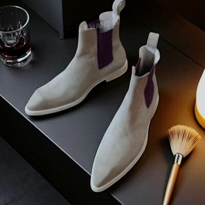 Crafted Leather Men Classic White Suede Leather Pointed Toe Chelsea Boot