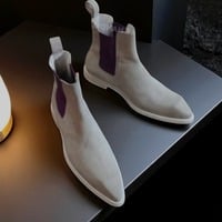 Crafted Leather Men Classic White Suede Leather Pointed Toe Chelsea Boot - Thumbnail 1