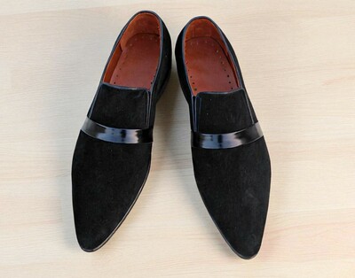 Crafted Leather Classic Black Suede Leather Pointed Toe Moccasin Loafers Dress Shoes
