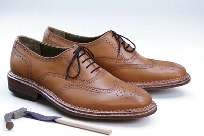 Crafted Leather Classic Brown Leather Triple Sole Hand Sewn Wingtip Oxford Dress Shoes