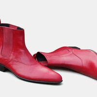 Crafted Leather Classic Red Leather Handmade Mens Fashion Chelsea Dress Boot - Thumbnail 1