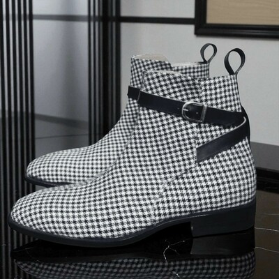 Crafted Leather Classic Men's Handmade Custom Dress Shoes Black & Gray Fabric / Full Grain Leather Jodhpur Boots