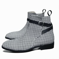 Crafted Leather Classic Men's Handmade Custom Dress Shoes Black & Gray Fabric / Full Grain Leather Jodhpur Boots - Thumbnail 2