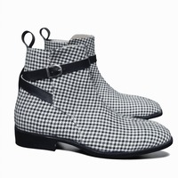 Crafted Leather Classic Men's Handmade Custom Dress Shoes Black & Gray Fabric / Full Grain Leather Jodhpur Boots - Thumbnail 1