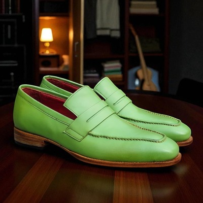 Crafted leather men classic green leather loafers dress shoes