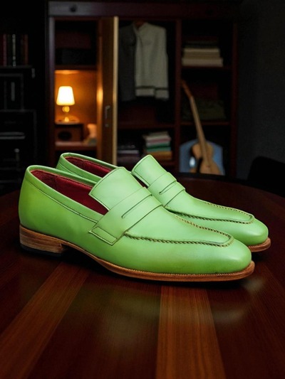 Crafted Leather Men Classic Green Leather Loafers Dress Shoes