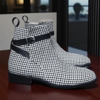 Crafted Leather Classic Men's Handmade Custom Dress Shoes Black & Gray Fabric / Full Grain Leather Jodhpur Boots - Thumbnail 3