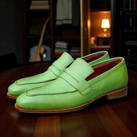 Crafted Leather Men Classic Green Leather Loafers Dress Shoes - Thumbnail 1