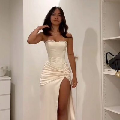 Strapless sheath ivory split long prom dresses