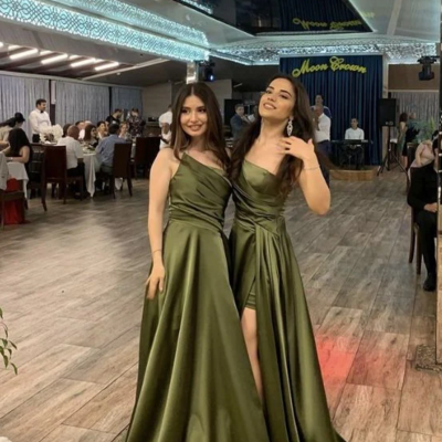 Pretty a-line green satin split long prom dresses - Thumbnail 1