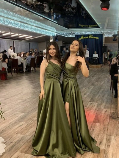 Pretty A-Line Green Satin Split Long Prom Dresses
