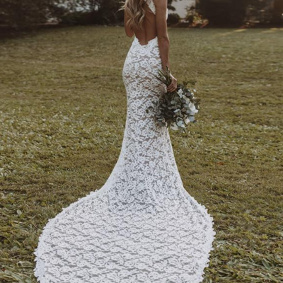 Sexy backless boho lace wedding dress for women
