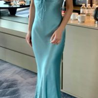Spaghetti Straps Blue Satin Long Senior Prom Dress - Thumbnail 1