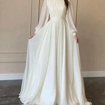 Elegant modest white a-line long sleeves prom dress