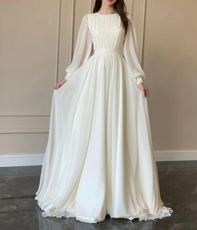Elegant Modest White A-Line Long Sleeves Prom Dress