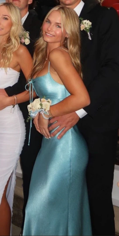 Spaghetti Straps Blue Satin Long Senior Prom Dress