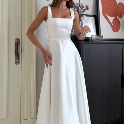 Tea length square neck a-line stain prom dress - Thumbnail 1