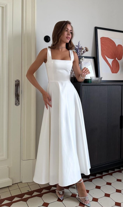 Tea Length Square Neck A-line Stain Prom Dress