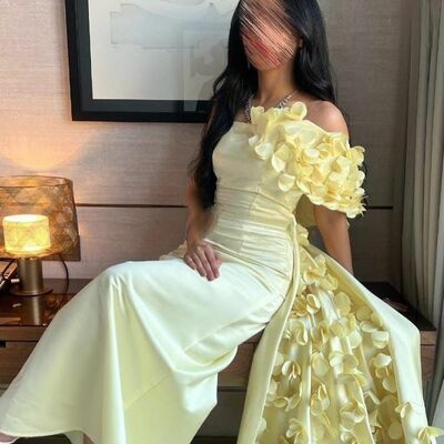 Yellow sheath handmade flower prom dresses evening gowns formal party gowns