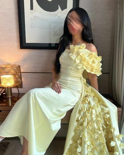 Yellow Sheath Handmade Flower Prom Dresses Evening Gowns Formal Party Gowns