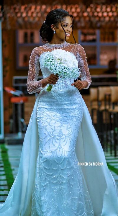 Elegant Wedding Dress, Mermaid Long Sleeve Pearls African Girls Bridal Dress Bridal Gown