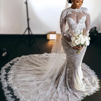 Elegant wedding dress, mermaid long sleeve lace polka dots african girls bridal dress bridal gown - Thumbnail 1