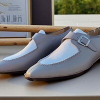 Crafted Leather Men Classic Gray White Leather Split Toe Monk Strap Dress Shoes - Thumbnail 1