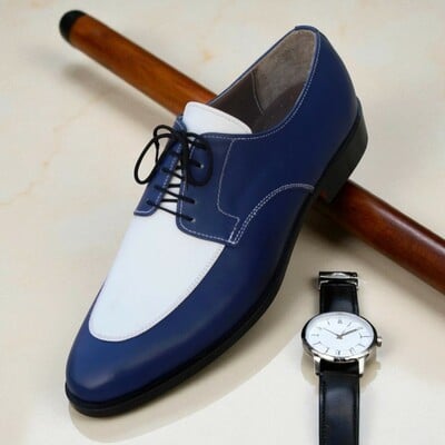 Crafted leather men classic blue white leather dress shoes - Thumbnail 3
