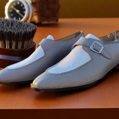 Crafted leather men classic gray white leather split toe monk strap dress shoes - Thumbnail 2