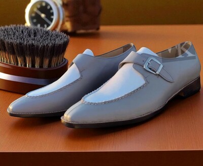 Crafted Leather Men Classic Gray White Leather Split Toe Monk Strap Dress Shoes