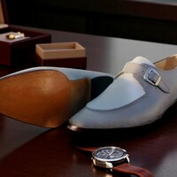 Crafted Leather Men Classic Gray White Leather Split Toe Monk Strap Dress Shoes - Thumbnail 2