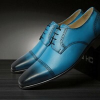 Crafted Leather Men Classic Blue Leather Oxford Lace up Dress Shoes - Thumbnail 2